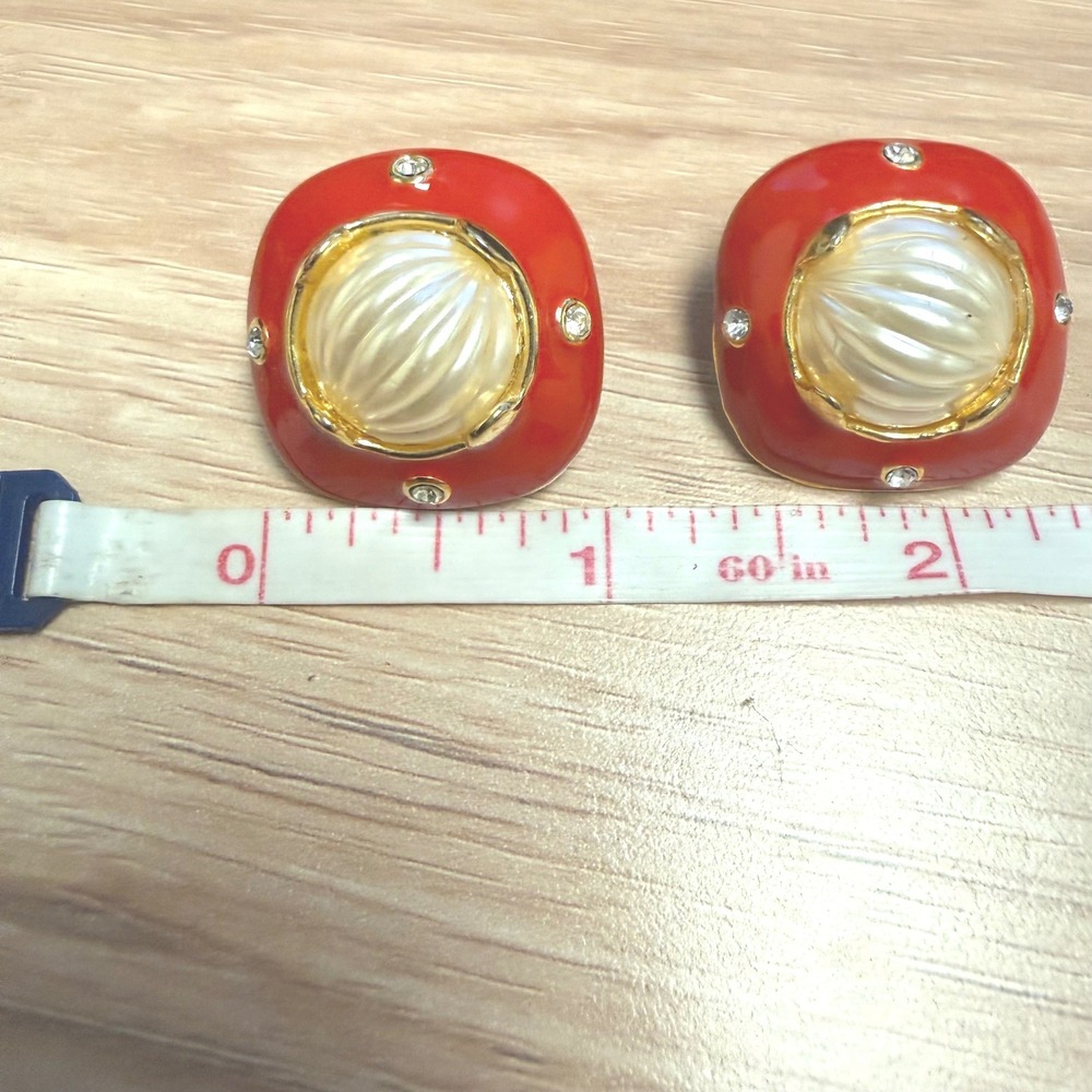 Vintage Red Enamel Faux Pearl Rhinestone Earrings Gold Tone Square 1in